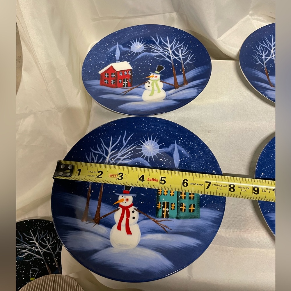 Hand-Painted Blue Snowman Holiday Dinner Plates - Set of 4 - Picture 3 of 9